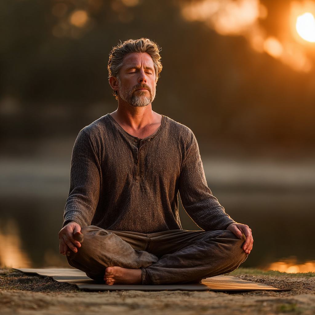 Mature man in his late 40s meditating in lotus position on a yoga mat in tranquil natural setting, peaceful expression, gentle morning sunlight, embodying mindfulness and inner harmony