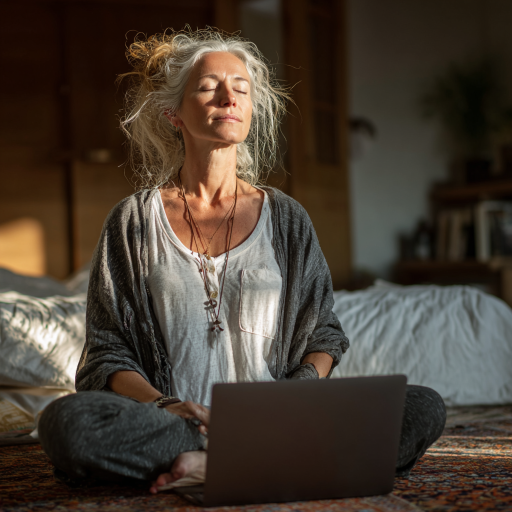 Woman in her early 50s practicing yoga at home with laptop showing online yoga class, comfortable home setting, natural daylight, focused and content expression during virtual session